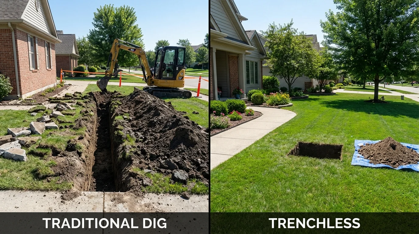 Trenchless sewer repair with minimal yard damage versus traditional excavation in Norton, MA