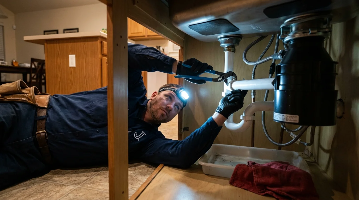P-trap and supply line connections under a kitchen sink showing a common leak point in Norton, MA